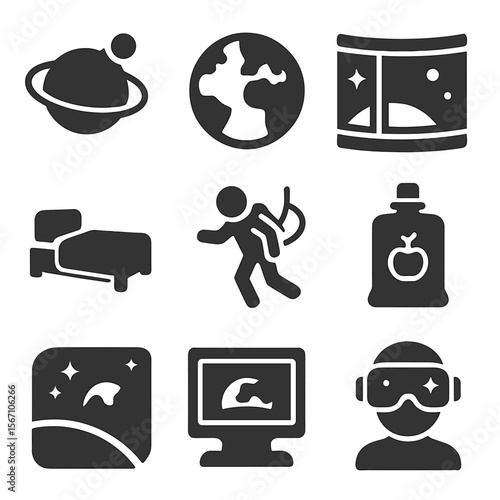 Space Vacation Icons. Solid, filled icons set of low Earth orbit vacations: orbit ring, satellite view,