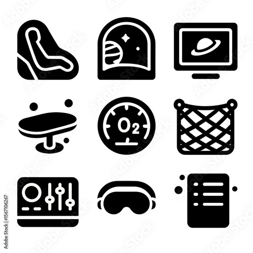 Space Capsule Interiors Icons. Solid, filled icons set of private space capsule interiors: reclining pod,