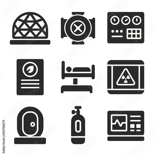 Space Habitat Icons. Solid, filled icons set of space habitat modules: pressurized dome, docking port, control