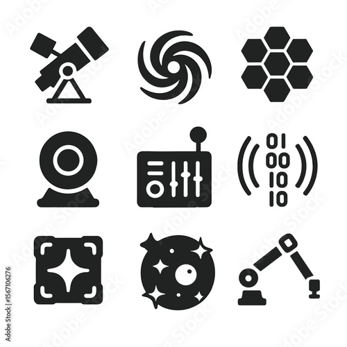 Space Telescope Icons. Solid, filled icons set of space telescopes: telescope icon, galaxy swirl, mirror array