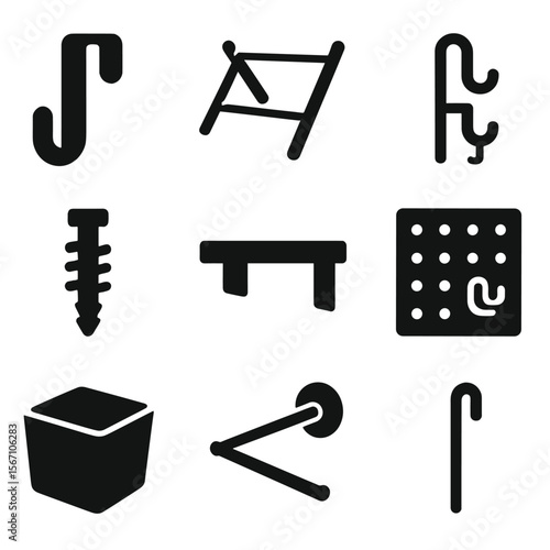 Space-Saving Storage Icons. Solid, filled icons set of space-saving storage ideas: over-door hook, foldable