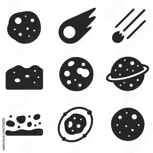 Space Icon Set. Solid, filled icons set of asteroid belts and minor bodies: asteroid icon, comet tail, meteor
