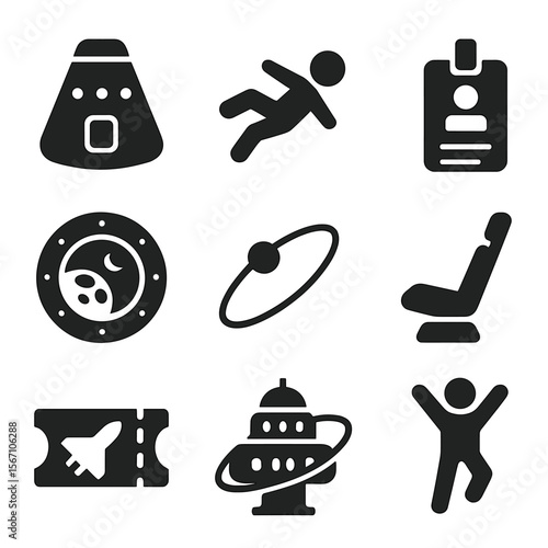 Space Tourism Icons. Solid, filled icons set of space tourism: space capsule, zero gravity icon, tourist badge