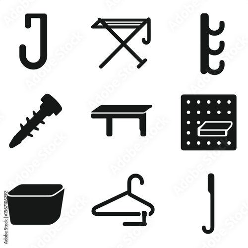 Space-Saving Storage Icons. Solid, filled icons set of space-saving storage ideas: over-door hook, foldable