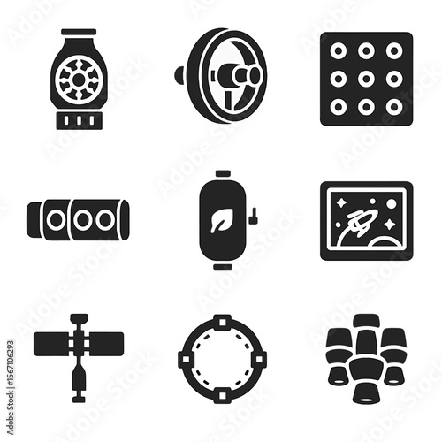 Spacecraft Icon Set. Solid, filled icons set of interplanetary spacecraft design: fusion reactor, rotating