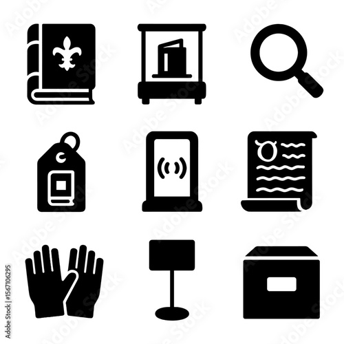 Special Collections Icons. Solid, filled icons set of special collections and rare books: leather-bound book,