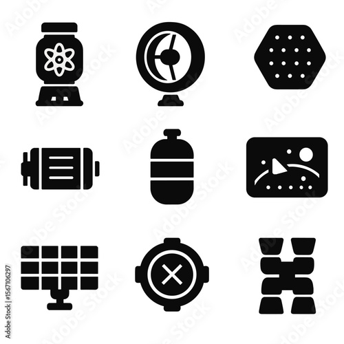 Spacecraft Icon Set. Solid, filled icons set of interplanetary spacecraft design: fusion reactor, rotating
