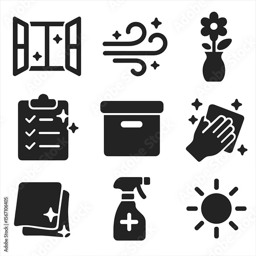 Spring Cleaning Icons. Solid, filled icons set of spring cleaning: open window, fresh air swirl, flower vase,