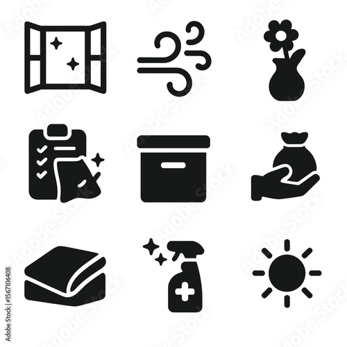 Spring Cleaning Icons. Solid, filled icons set of spring cleaning: open window, fresh air swirl, flower vase,