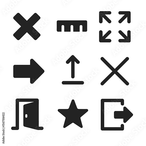 Stage Movement Icons. Solid, filled icons set of stage movement and blocking: X mark, tape line, blocking