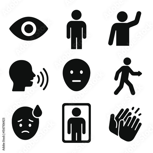 Stage Presence Icons. Solid, filled icons set of stage presence and delivery: eye contact icon, posture line,