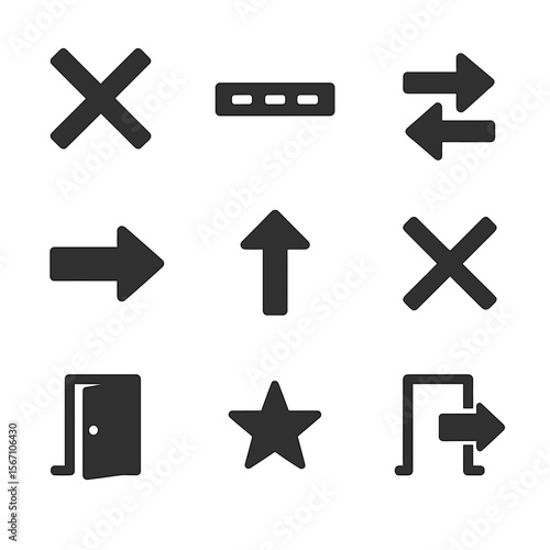 Stage Movement Icons. Solid, filled icons set of stage movement and blocking: X mark, tape line, blocking
