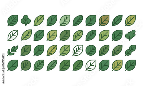 Modern vector illustration featuring a grid of various green leaf icons, Set of green leaf icons. Leaves of trees and plants, Elements design for natural, eco, bio, vegan labels, easily editable