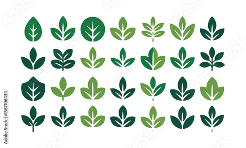 Modern vector illustration featuring a grid of various green leaf icons, Set of green leaf icons. Leaves of trees and plants, Elements design for natural, eco, bio, vegan labels, easily editable
