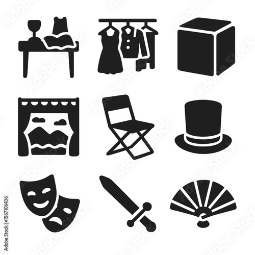 Stage Props Icons. Solid, filled icons set of stage setup and props: prop table, costume rack, rehearsal cube,