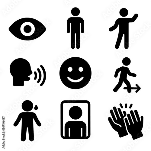 Stage Presence Icons. Solid, filled icons set of stage presence and delivery: eye contact icon, posture line,