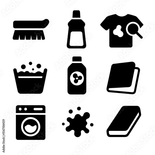 Stain Treatment Icons. Solid, filled icons set of stain treatment and removal: stain brush, pretreat bottle,