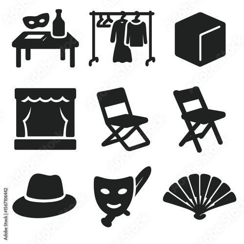 Stage Props Icons. Solid, filled icons set of stage setup and props: prop table, costume rack, rehearsal cube,