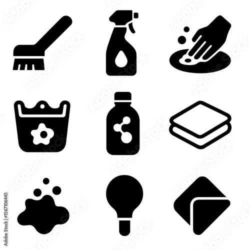 Stain Treatment Icons. Solid, filled icons set of stain treatment and removal: stain brush, pretreat bottle,