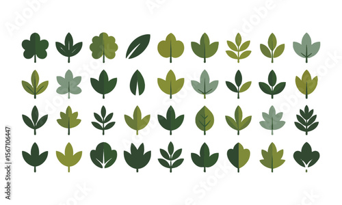 Modern vector illustration featuring a grid of various green leaf icons, Set of green leaf icons. Leaves of trees and plants, Elements design for natural, eco, bio, vegan labels, easily editable