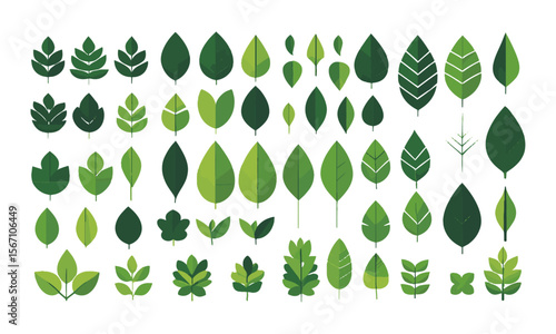 Modern vector illustration featuring a grid of various green leaf icons, Set of green leaf icons. Leaves of trees and plants, Elements design for natural, eco, bio, vegan labels, easily editable