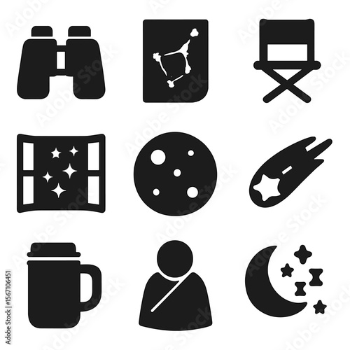 Stargazing Icon Set. Solid, filled icons set of stargazing at night: binoculars, star chart, folding chair,