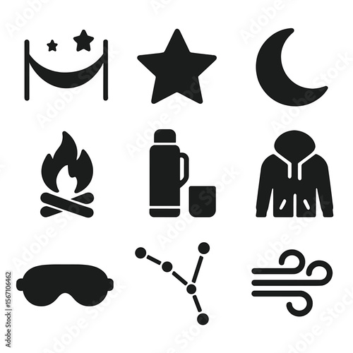 Starlit Camping Icons. Solid, filled icons set of resting under the stars: night hammock, star icon, moon
