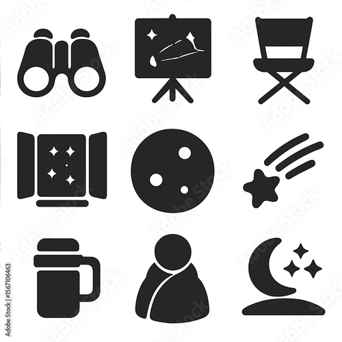 Stargazing Icon Set. Solid, filled icons set of stargazing at night: binoculars, star chart, folding chair,