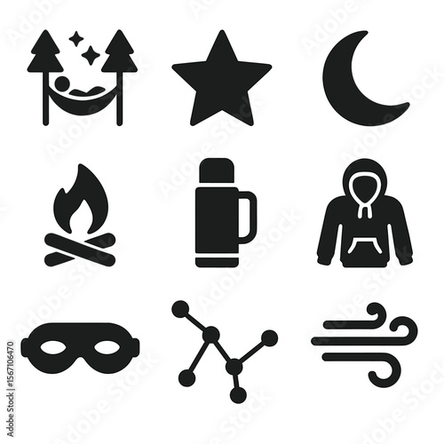Starlit Camping Icons. Solid, filled icons set of resting under the stars: night hammock, star icon, moon