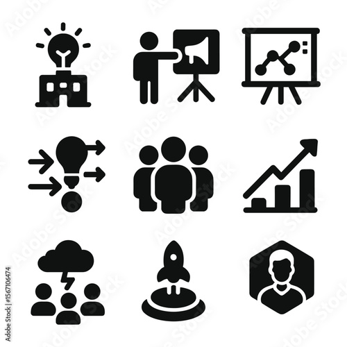 Startup Icons Grid. Solid, filled icons set of startup coworking ecosystems: innovation hub, pitch icon,