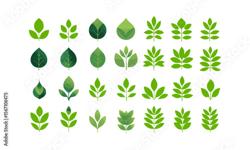 Modern vector illustration featuring a grid of various green leaf icons, Set of green leaf icons. Leaves of trees and plants, Elements design for natural, eco, bio, vegan labels, easily editable