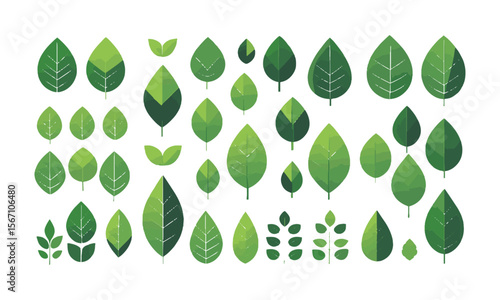 Modern vector illustration featuring a grid of various green leaf icons, Set of green leaf icons. Leaves of trees and plants, Elements design for natural, eco, bio, vegan labels, easily editable