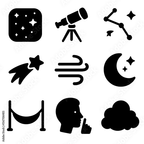Starry Night Icons. Solid, filled icons set of night under the stars: starry sky, telescope, constellation