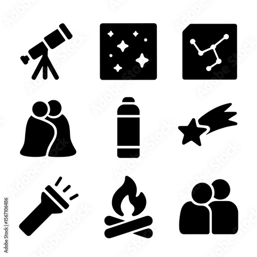 Stargazing Couples Icons. Solid, filled icons set of couples stargazing at night: telescope icon, starry sky,