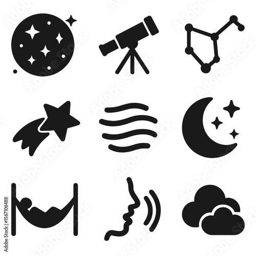 Starry Night Icons. Solid, filled icons set of night under the stars: starry sky, telescope, constellation