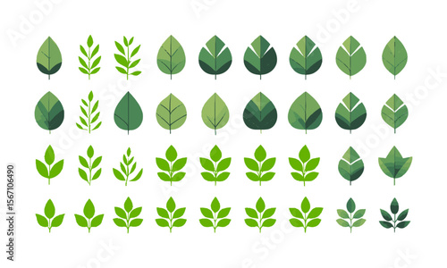 Modern vector illustration featuring a grid of various green leaf icons, Set of green leaf icons. Leaves of trees and plants, Elements design for natural, eco, bio, vegan labels, easily editable