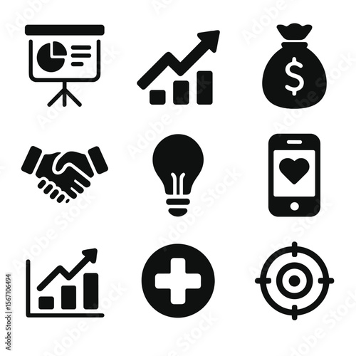 Startup Health Icons. Solid, filled icons set of startup health pitch elements: pitch deck, growth arrow,