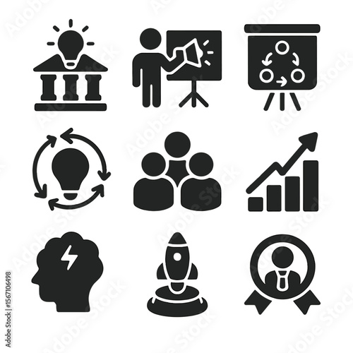 Startup Icons Grid. Solid, filled icons set of startup coworking ecosystems: innovation hub, pitch icon,