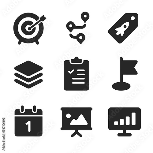 Strategic Planning Icons. Solid, filled icons set of goal-setting and strategic planning: goalpost icon,