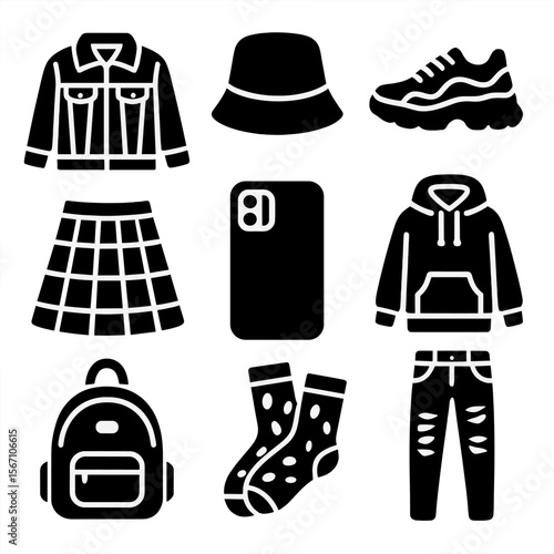 Street Style Icons. Solid, filled icons set of street style fashion: denim jacket, bucket hat, chunky sneakers