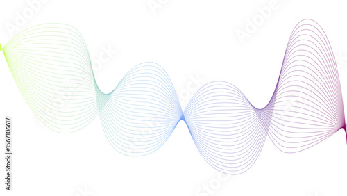 Vector curvy abstract line art wavy flowing dynamic colorful lines white background in concept music or sound, wave, wind, information flow