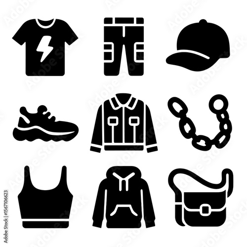 Street Style Icons. Solid, filled icons set of street style trends: graphic tee, cargo pants, snapback hat,