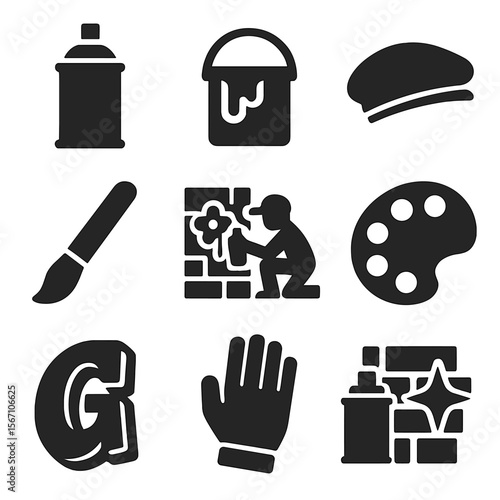 Street Artist Icons. Solid, filled icons set of street artist working on artwork: spray can, paint bucket,