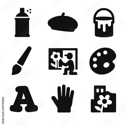 Street Artist Icons. Solid, filled icons set of street artist working on artwork: spray can, paint bucket,