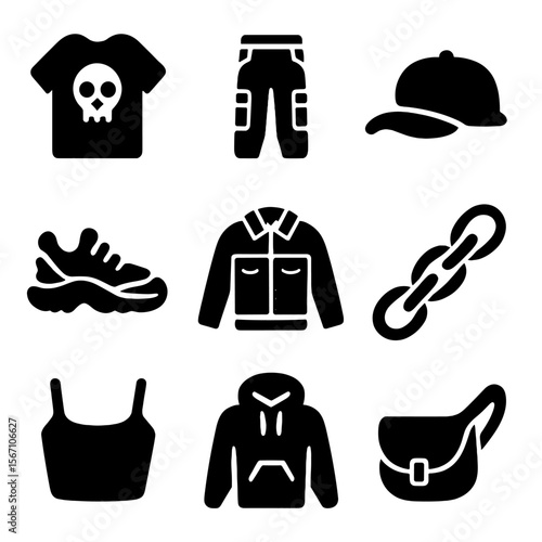 Street Style Icons. Solid, filled icons set of street style trends: graphic tee, cargo pants, snapback hat,