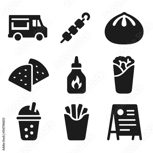 Street Food Icons. Solid, filled icons set of street food fusions: food truck, skewer icon, bao bun,