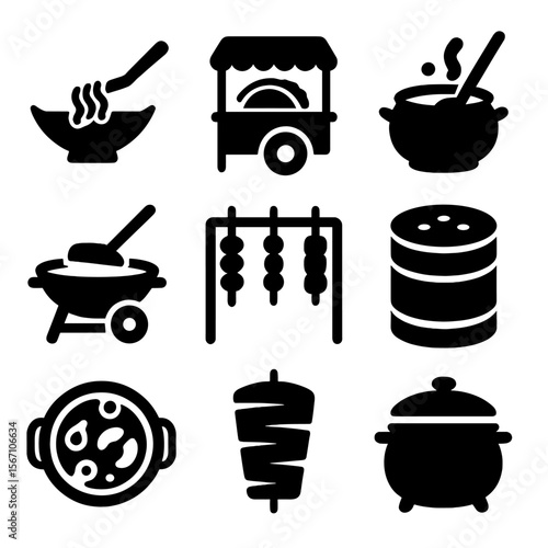 Street Food Icons. Solid, filled icons set of multicultural street kitchens: noodle wok, taco grill, curry pot