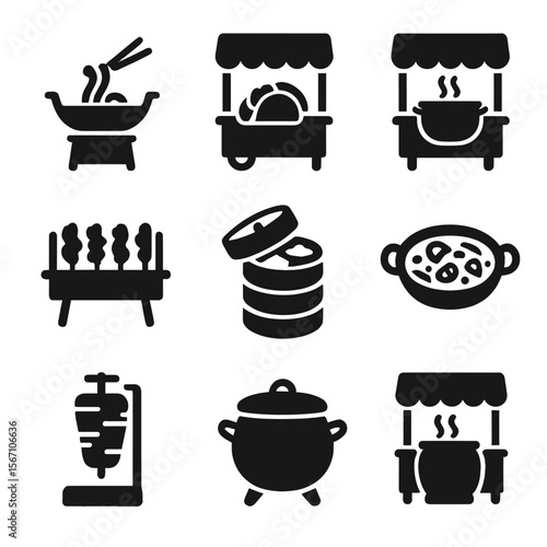 Street Food Icons. Solid, filled icons set of multicultural street kitchens: noodle wok, taco grill, curry pot