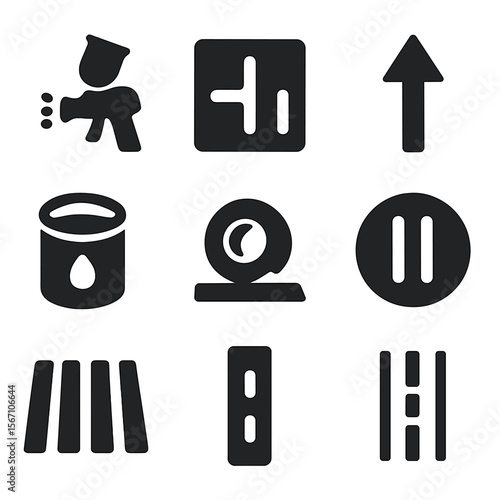 Street Marking Icons. Solid, filled icons set of street marking and painting: paint sprayer, stencil plate,