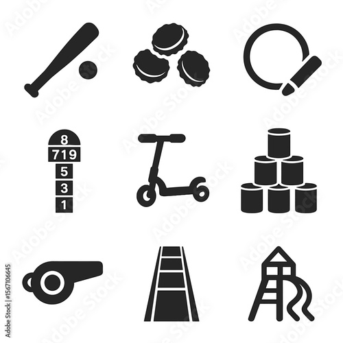 Street Game Icons. Solid, filled icons set of street games and childhood fun: stick ball, bottle caps, chalk